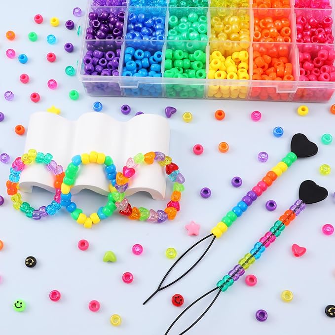 1500+pcs 8mm Hair Beads for Hair Braids Kit Rainbow Pony Bead for Jewelry Making DIY Crafts Mixed Colors Glitter Transparent Mix Plastic Pony Bead with Beader and Rubber Band for Gift