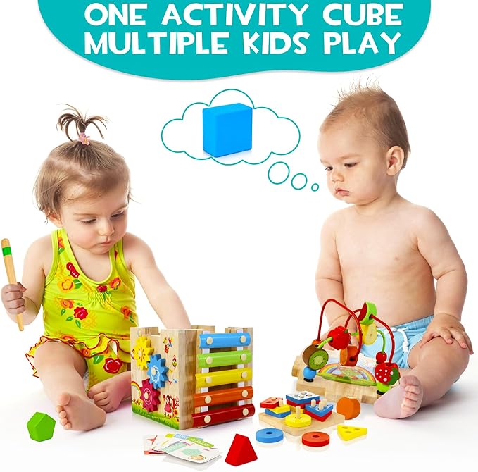Wooden Activity Cube, 8-in-1 Montessori Baby Toys for 1+ Year Old Boys & Girls, Educational Learning Toys for Toddlers Age 1-2, 1st Birthday Gift | Bonus Sorting & Stacking Board