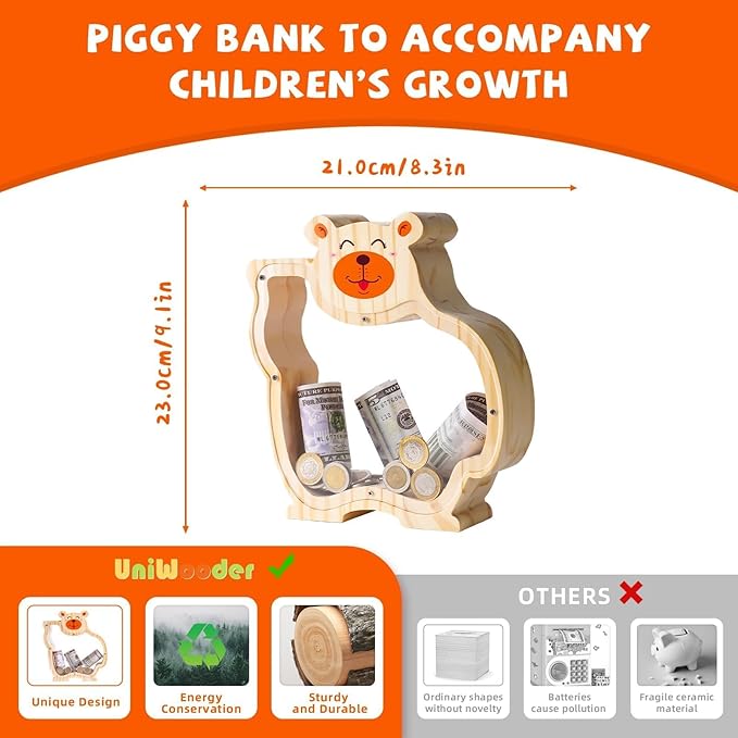 Wooden Bear Piggy Bank for Kids with Letter Stickers, Unbreakable Large Money Box for Boys, Girls, Cute Wooden Coin Bank, Piggy Money Jar Personalized Gift, Educational Toy for Kids