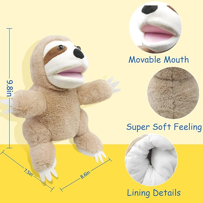 Puppet Sloth Hand Puppets for Kids, 10'' Stuffed Puppet with Movable Mouth,Sloth Stuffed Animal Plush Interactive Storytelling Puppets Toy Gift for for Toddlers 1-3