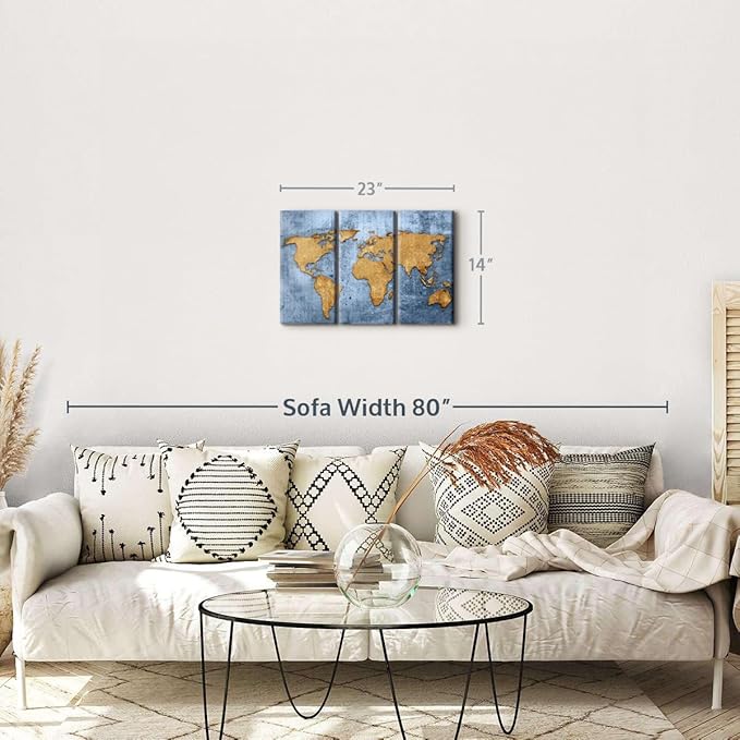 ElephantStock Azure World Map Wall Art Multi Piece Canvas - 3 Panel Wall Decor - Map of the World Art - Canvas for the Office and Home - 23" X 14"