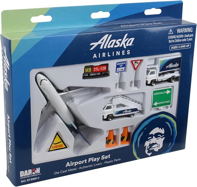 Daron Alaska Airlines Airport Playset with Die-Cast Metal Model Airplane with Plastic Parts, Cars and Transportation Toys for Kids Ages 3+