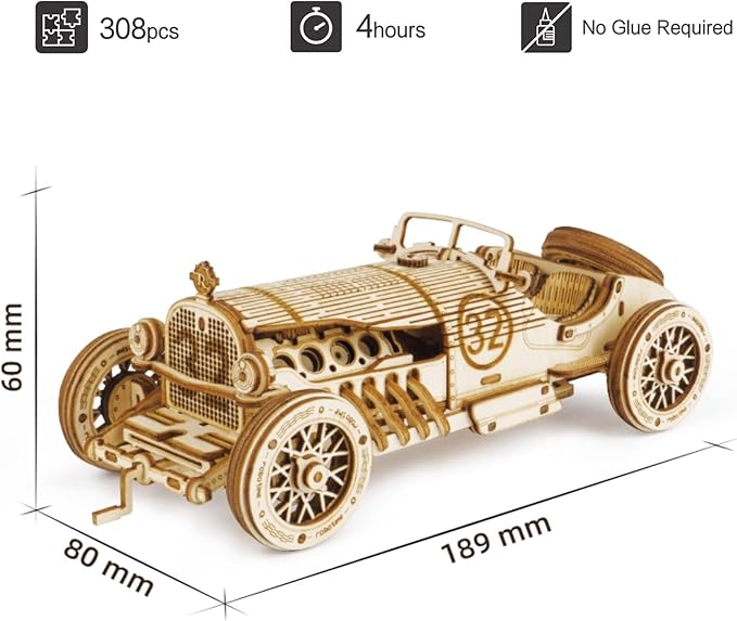 ROKR 3D Wooden Puzzle for Adults Mechanical Car Model-DIY Building Vehicle Kits-Brain Teaser Toys-Gift for Men Women on Birthday/Christmas Day(Grand Prix Car)
