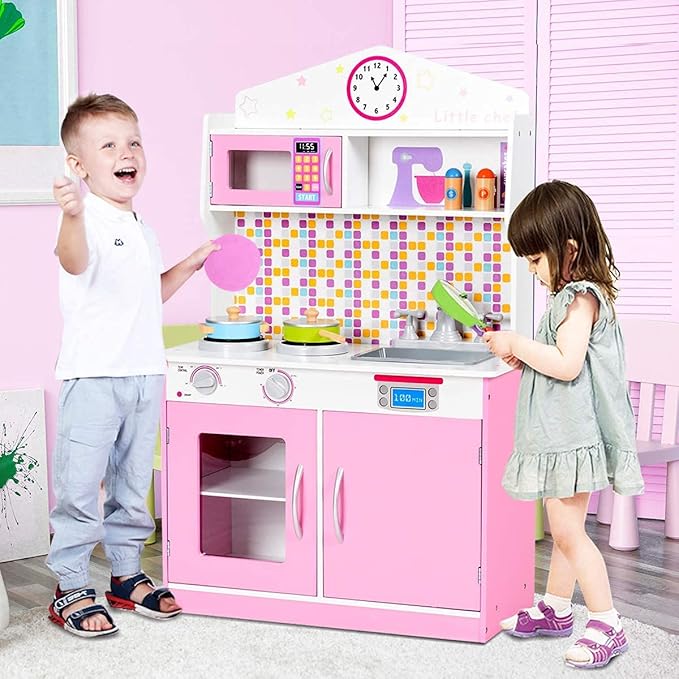 GLACER Kids Kitchen Playset, Wooden Pretend Cooking Set w/Removable Sink, Food & Cookware Accessories, Top Display Shelf, Play Kitchen Toy Set, Realistic Cooking for Toddlers (Pink)