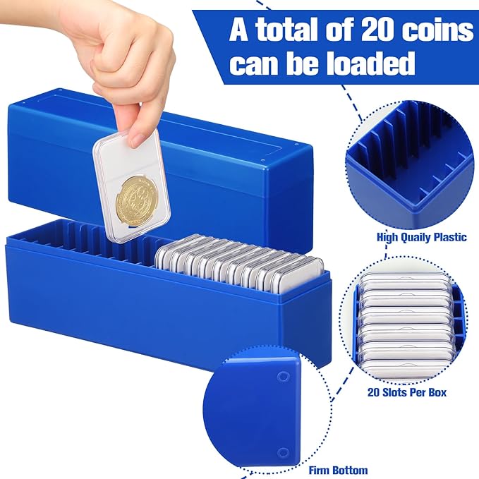 Wenqik 6 Pcs Plastic Coin Storage Box Case with 20 Slab Coin Holders - Collection Box for Collectors, Home, Office, Bank Supplies(Blue)