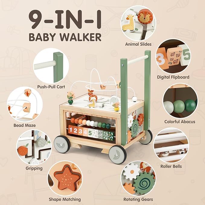 Joyreal Wooden Baby Walker - 9-in-1 Baby Push Walker with Activity Cube, Push Activity Walker for Boys and Girls, Sit-to-Stand Learning Walker Activity Center, Speed & Height Adjustable