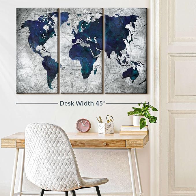 ElephantStock Deep Blue World Map Multi Piece Canvas - 3 Panel Wall Decor - Map of the World Art - Canvas for the Office and Home - 45" X 28"
