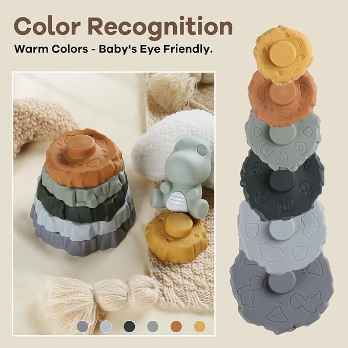 Stacking & Nesting Baby Teething Toy, 7 Pcs Soft Building Rings Stacker Toys with Dinosaur Figure, Newborn Essentials Sensory Learning Toys for 6+ Months Infant Toddler Boys Girls