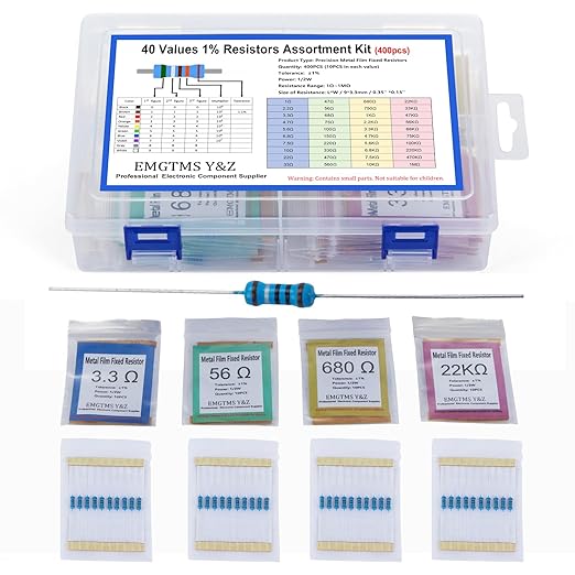 40 Values 400 Pcs 1/2W Resistor Kit 1Ω-1MΩ ±1% Metal Film Resistors Assortment for Electronics Projects and DIY Experiments
