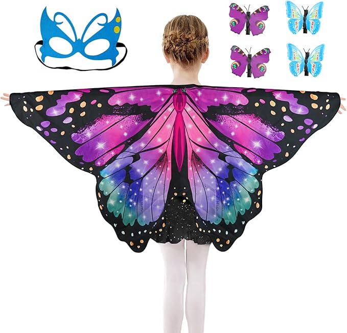 Butterfly Costume for Girls Fairy Wings Kids 4 Pcs(Cape,Skirts,Masks,Hair Clips) Butterfly Wings for Halloween Gifts