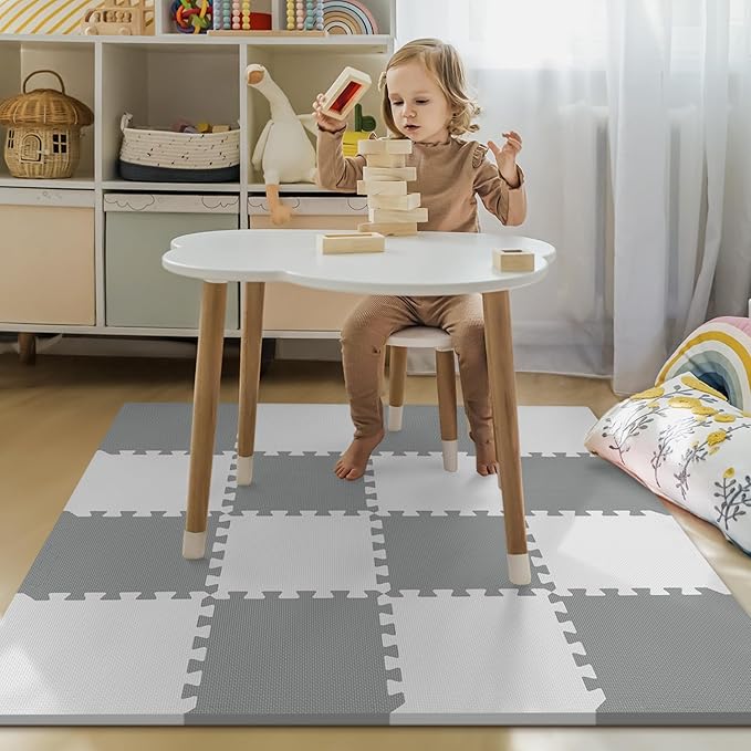 16Pcs Baby Play Mat for Floor, Foam Floor Tiles for Kids with Interlocking, Squares Foam Puzzle Carpet for Playroom, Crawling Rug for Babies 6-12 Months,Toddlers,11.8 * 11.8 * 0.6In Each,Grey White