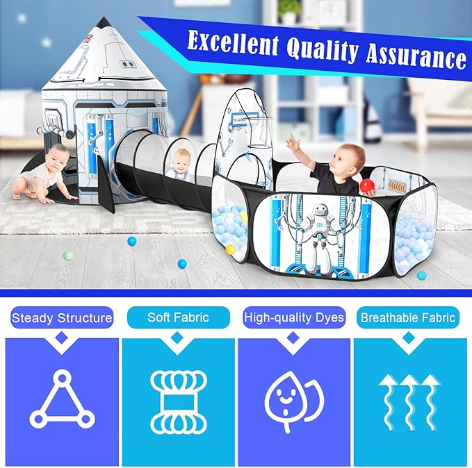 3pc Kids Play Tent for Girls with Ball Pit, Crawl Tunnel, Princess Tents for Toddlers, Baby Space World Playhouse Toys (3PC White Rocket Play Tent)