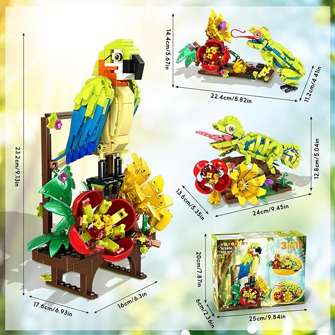 HOGOKIDS 3 in 1 Flowers Frog Parrot Lizard Building Set - Botanical & Animals Figures Building Toy for Home Office Art Decor Display Transforms Model Learning Gift for Adults Kids Boys Girls(672PCS)