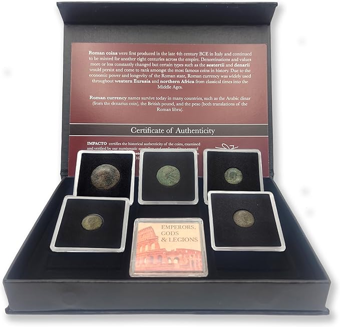 IMPACTO COLECCIONABLES Collector's Edition Box of Certified Authentic Roman Coins – 5 Encapsulated Coins of Emperors, Legions, and Gods: The History of The Empire in Your Hands
