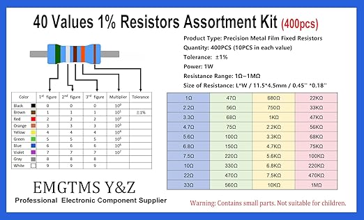 40 Values 400 Pcs 1W Resistor Kit 1Ω-1MΩ ±1% Metal Film Resistors Assortment for Electronics Projects and DIY Experiments