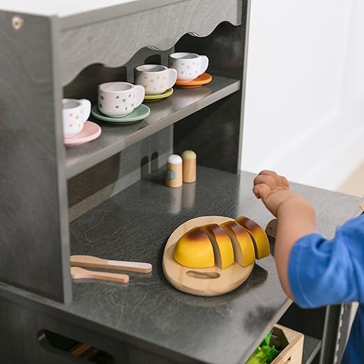 ECR4Kids Play Kitchen Storage Cupboard, Wooden Playset, Grey Wash