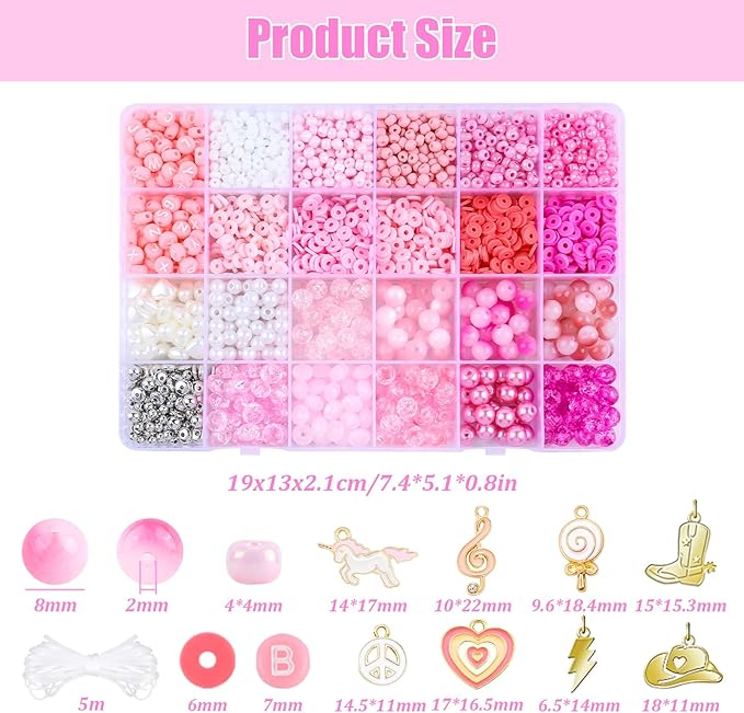 3500Pcs Heishi Bead ，Pink Beads Bracelet Making Kit ，6 Kinds of Unique Pink Glass Seed Bead Friendship Bracelet Beads for Jewelry Making