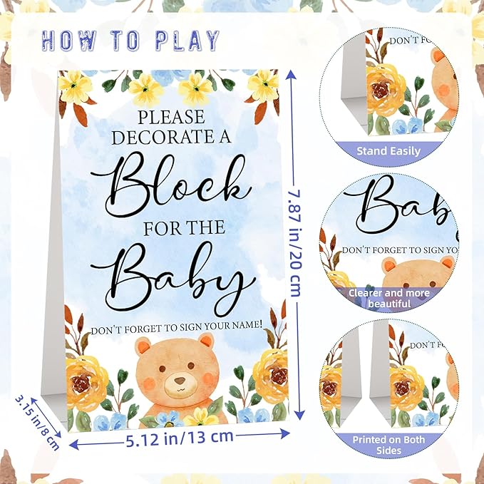 146 Pcs Baby Shower Game Sign Set Includes Decorative Square 54 DIY Blank Wooden Blocks 24 Paint Markers 27 Page Baby‘s First ABC Book (Fox)