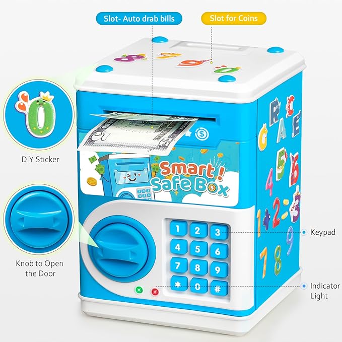 ATM Piggy Bank for Boys Girls, Vcertcpl Mini ATM Coin Bank Money Saving Box with Password Code, Kids Safe Money Jar for Real Money with Auto Grab Bill Slot, Great Gift Toy Bank for Kids (Blue)