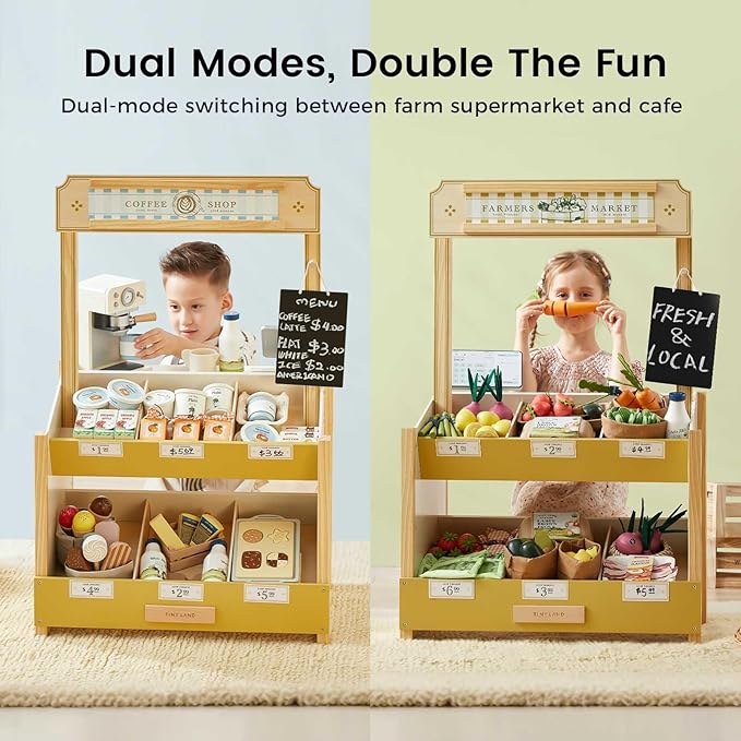 Tiny Land Wooden Play Store – Pretend Farmers Market & Coffee Shop with Cash Register, DIY Price Tags, Chalkboard, Pretend Grocery Store Role Play Toy for Toddlers