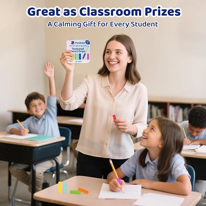 Textured Pencil Grips for Kids, Teens & Adults – 24PC Sensory Fidget Toys for ADHD, Autism, Anxiety & Stress Relief - Ideal for Teachers as Educational Tools or Classroom Rewards