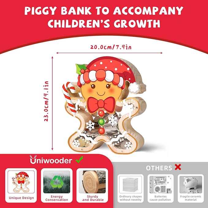 Wooden Christmas Piggy Bank for Kids, Gingerbread Man Money Bank for Boys Girls Toddler, Unbreakable Kids Money Box with Letter Sticker, Large Saving Coin Jar for Xmas Home Christmas Décor