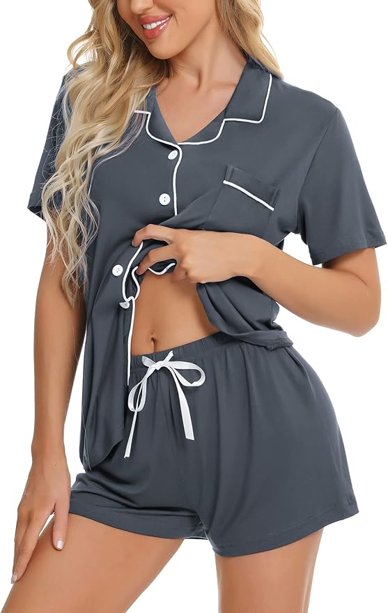 SWOMOG Womens Button Down Pajamas Set Short Sleeve Sleepwear Bride Soft Pj Lounge Sets XS-3XL