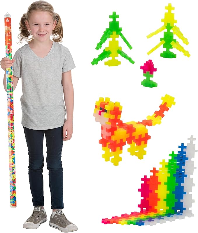 Plus Plus 500 Piece Super Tube, Interlocking Building Block 3D Puzzle Kit, Kids Stem Connecting Toys - Neon Color Mix