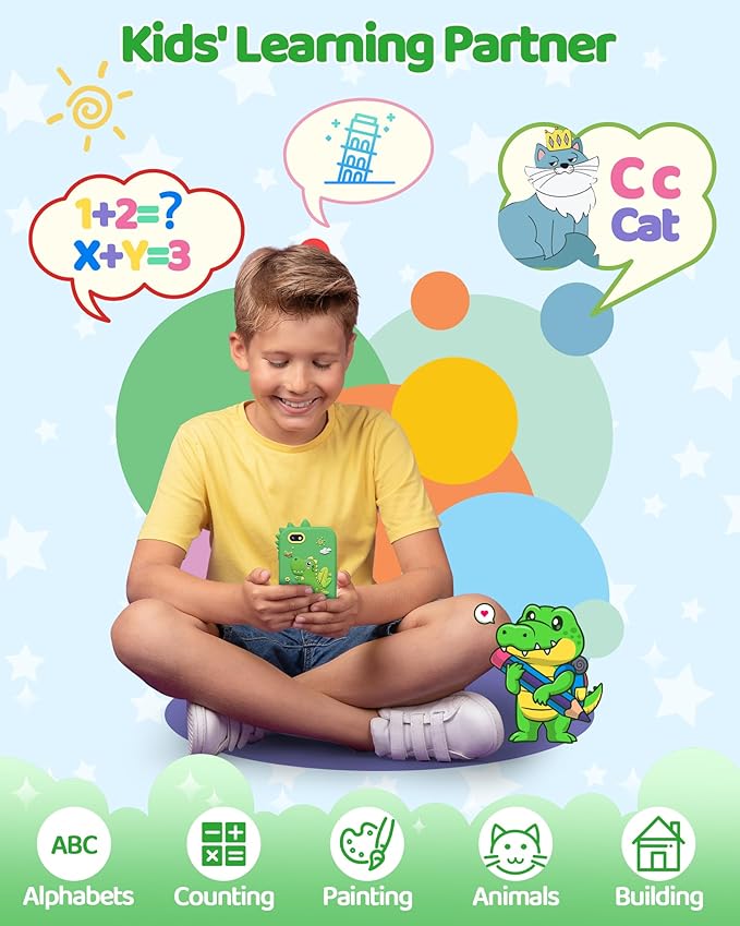 KOKODI Kids Smart Phone Toys, Touchscreen HD Dual Camera Cell Phone for Kids, Birthday Gifts Dinosaur Child Play Phone for Boys 3-10, Travel Preschool Learning Toy (Green)
