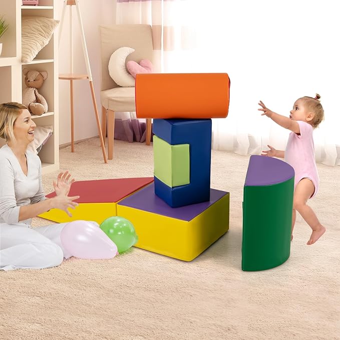HONEY JOY 6-Piece Climb and Crawl Playset, Soft Climbing Foam Block Activity Play Structure Gym Equipment for Infant Baby, Color Coordination, Waterproof Indoor Climbing Toys for Toddlers (Purple)