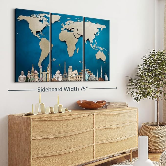 ElephantStock Ocean Blue World Map Multi Piece Canvas - 3 Panel Wall Decor - Map of the World Art - Canvas for the Office and Home - 65" X 42"