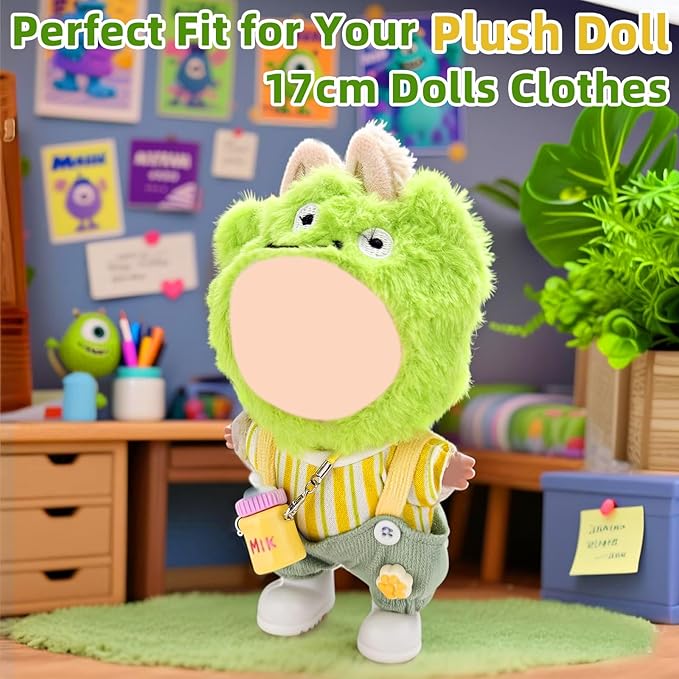 5 Piece Set -Premium Fashion Cute Clothes for 17cm Dolls,Stylish Accessaries Clothes Dress-Up,Includes—Plush Hat + Striped Top + Overalls + Bottle Charm + Shoes (Style K)