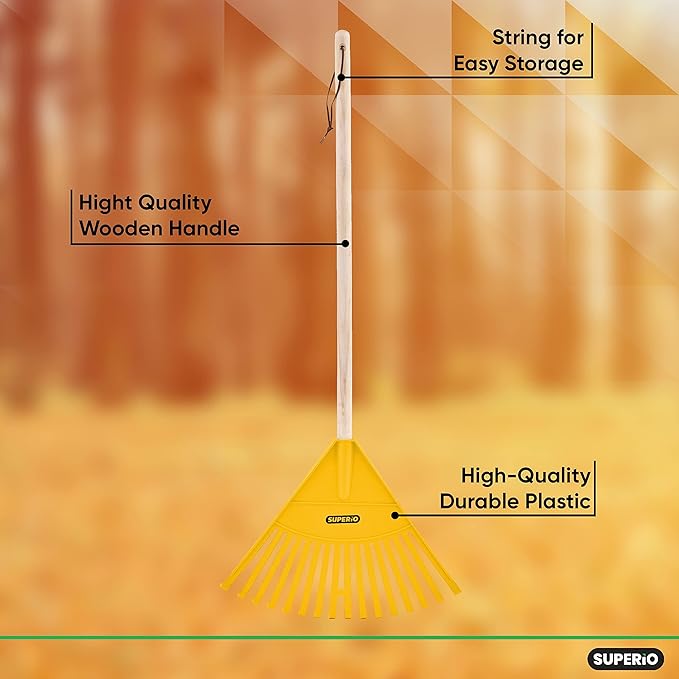 Pack of 12 Kids Rake with Hardwood Handle, Durable Plastic Head to Sweep Leaves in Lawn and Tidying Up The Garden, 34" (Yellow)