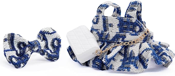 17cm Doll Clothes - Premium Handmade Clothes 3 Piece Set Velvet Bow & Bag & Dress Adjustable Outfit - Luxury Chic Style Set High-End Fashion Accessories (No Doll) - Pure Blue - No Logo