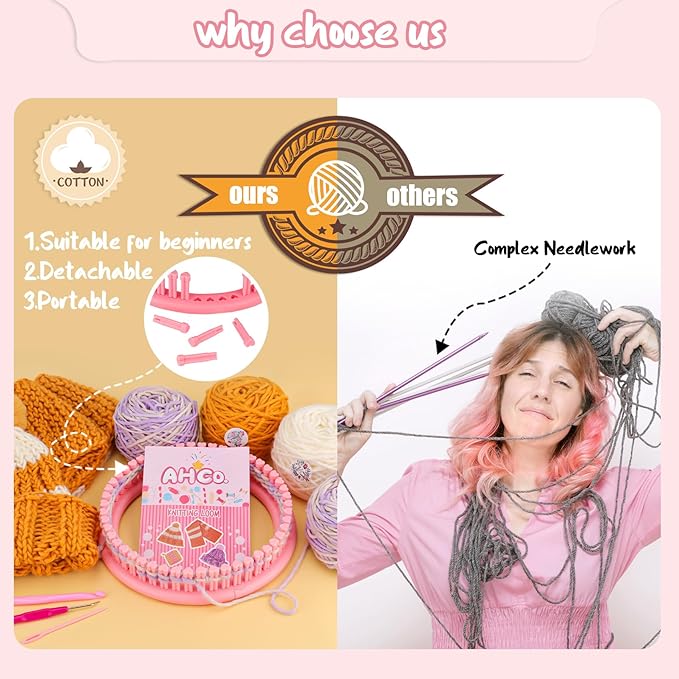AHCo. Knitting Loom Kit for Beginners, Creative Craft Toy for Girls Ages 7 8 9 10 11 12 with Storage Bags Yarns Knitting Tools, Fantastic DIY Gifts Knit Hat Scarf Coaster (Pink)