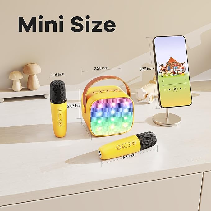 Mini Karaoke Machine for Kids Adults, Portable Bluetooth Speaker with 2 Wireless Microphones, Birthday Gifts Toys for Girls Boys Ages 3, 4, 5, 6, 7, 8, 9,10,11,12+ Years Old Toddler (Yellow)