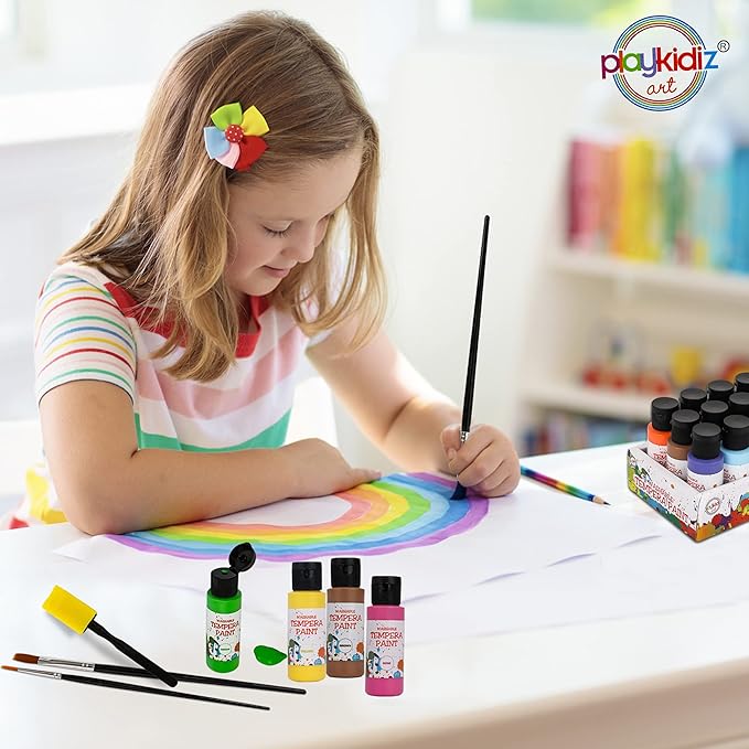 Washable Tempera Paints Set of 18 for children, Kids Non-Toxic Acrylic Paint, Kid Friendly, Kid Safe Paint Set, Includes Variety of Brushes, Color, Craft, Create and Party.