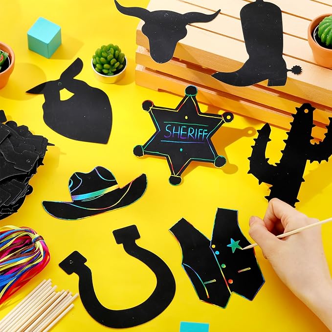 Hungdao 80 Pcs Western Cowboy Scratch Cards for Kids Colorful Rainbow Cowboy Scratch Paper Art with Wooden Stylus for Western Theme Birthday Party Classroom DIY Activities (Classic Style)