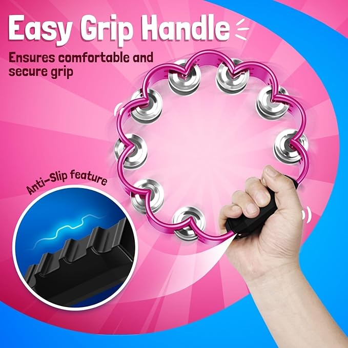 Flexzion Flower Tambourine - 8 Inch Handheld Percussion Instrument w/Metal Jingles & Ergonomic Grip - Small Tambourines for Adults, Kids, Church, Parties, & Musical Events (2 Pack - Blue & Pink)