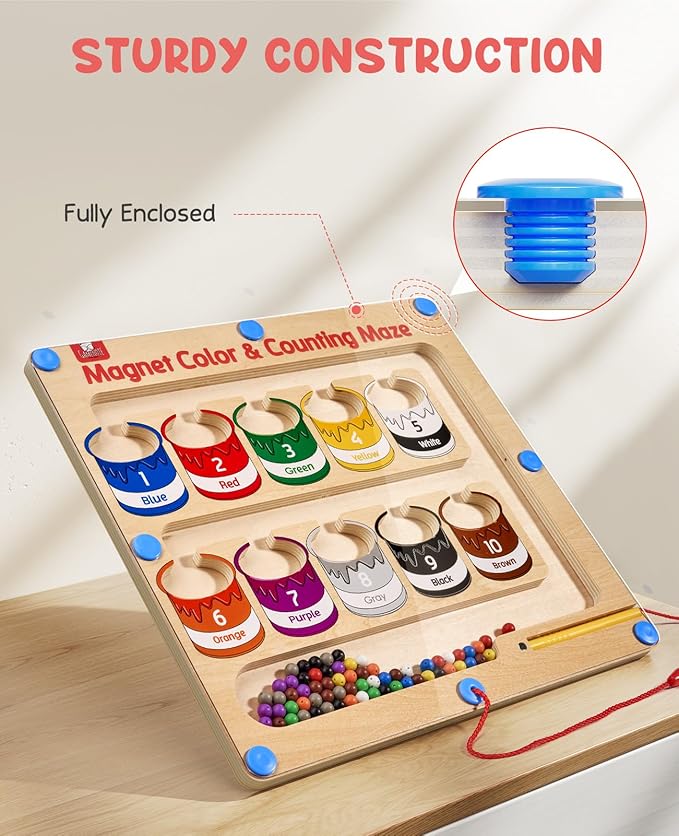 GAMENOTE Magnetic Color and Number Maze - Educational Fine Motor Skills Toys for Boys Girls 3 4 5 Years Old, Wooden Color Matching Learning Counting Toddler