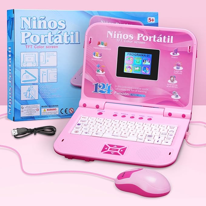 Kids Laptop, Color Screen Bilingual Laptop Spanish/English with 124 Learning Modes, Computer for Kids Ages 5+