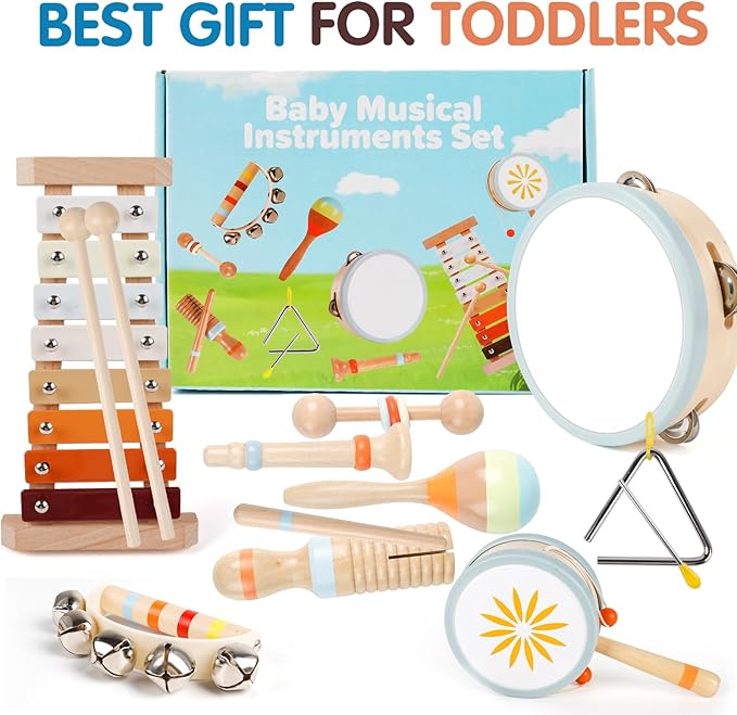 Toddler Musical Instruments-Montessori Wooden Educational Toys for Toddlers 1-3 Baby Musical Instruments Neutral Color Musical Instruments Set with Xylophone Maracas Bell Birthday Gift for Ages 1 2 3