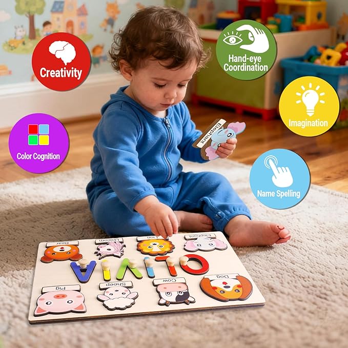 Personalized Name Puzzle for Kids, Wooden Name Puzzle for Toddlers 1-3, Custom Baby Gifts, Educational Montessori Toys for Learning Alphabet, Animals, First Birthday Gifts for Boys Girls