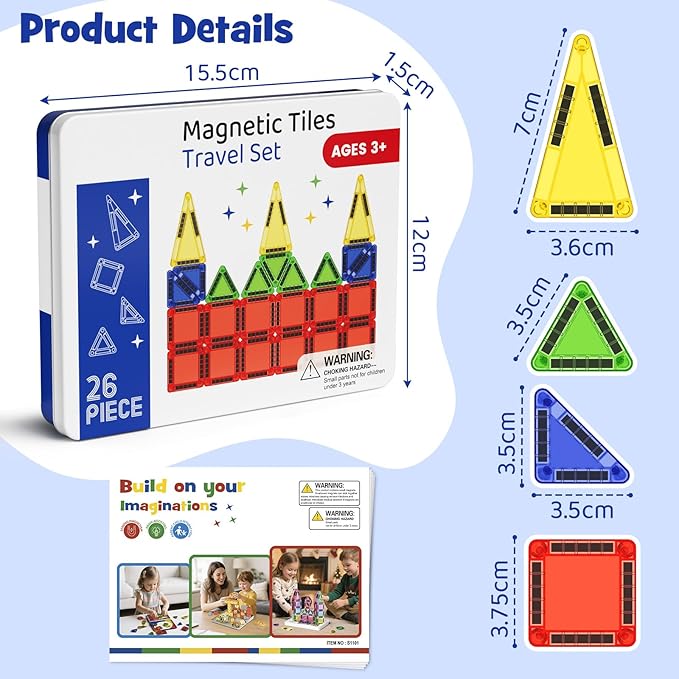 Mini Magnetic Tiles Building Blocks, Portable Travel Construction Set, STEM Toddler Puzzle Birthday Gift Toys for Children Ages 3 4 5 6 7 8