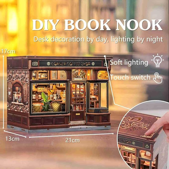 Fsolis Book Nook Kit - DIY Scene Miniature Kit, 3D Wooden Puzzles for Adults, 294 Pieces, Tiny House Booknook Craft Bookshelf Diorama Decor, Gifts for Women Teenagers Book Lovers (Corner Coffee Shop)