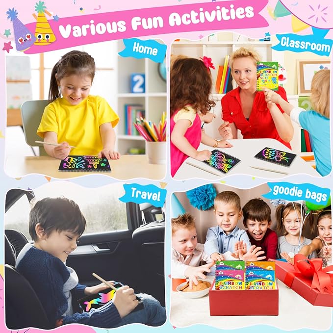 ZMLM Scratch Art Party Favors: 4 Pcs Birthday Gifts Goodie Bags Stuffers Rainbow Scratch Paper Craft Notebooks for Kids 4-8 Classroom Prize Students End School Supplies Toy Girls Boys Return Gift