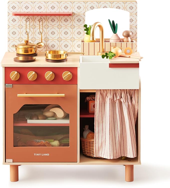Tiny Land Play Kitchen, Kids Kitchen Playset, Toddler Kitchen with Cutting Food Set, Wooden Kitchen Sets for Kids, Best Gift for Girls and Boys