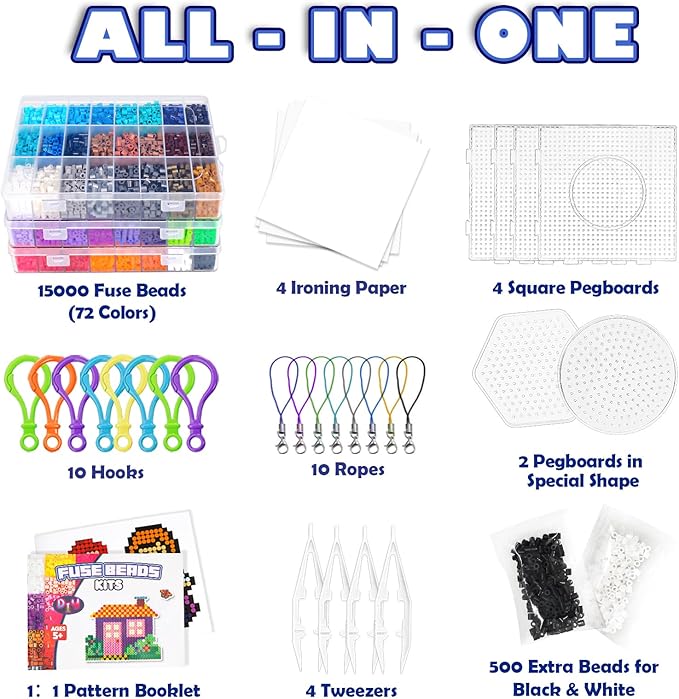 FUNZBO 15000+ 5mm Fuse Beads Kit - 72 Colors | 66 Patterns, Arts and Crafts for Kids, Art Decorations for Room, Toys Gifts for Girls, Boys and Teens Age 5+ Years Old