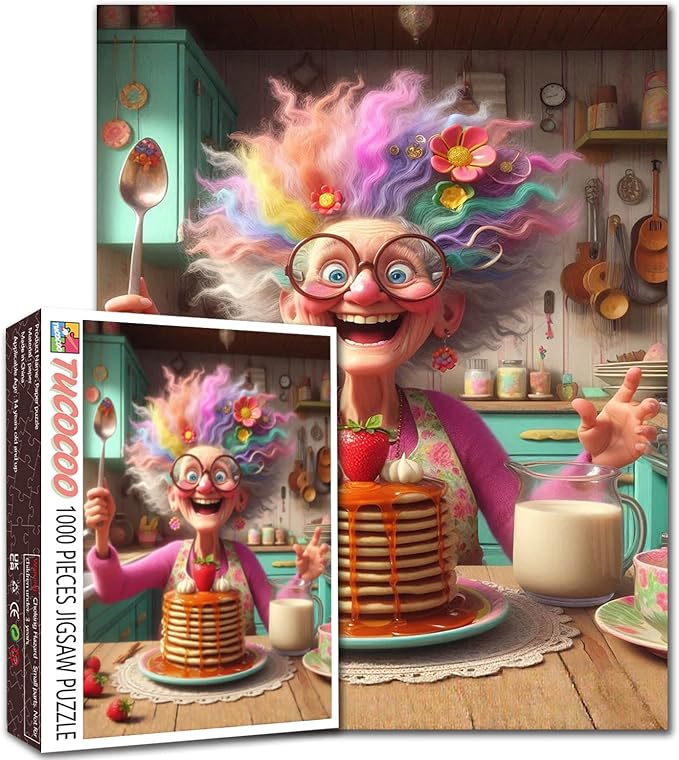 Funny Grandma Pancake Jigsaw Puzzles 1000 Pieces Rainbow Hair Elderly Lady Art Jigsaw Puzzles for Challenging Family Games Kitchen DIY Handwork Puzzle for Home Wall Decor Gifts 20x27 Inches