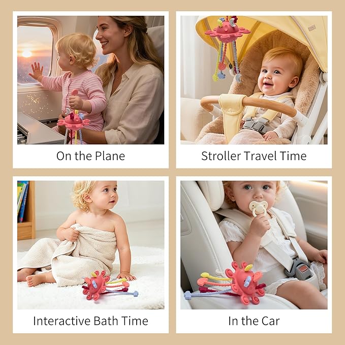 Silicone Baby Sensory Montessori Toys & Pull String Teething Toys for 6-12-18 Months, Toddler Birthday Gift Car Seat Airplane Travel Toy for 1 2 Year Old Boy Girl Infant 8 9 10 Months Old (Red)